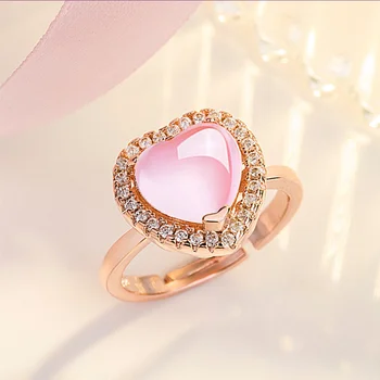 Romantický Štýl Strieborné Pozlátené Láska Srdce Rose Ružový Kremeň, Resizable Prst Prsteň s Drahokamu na Valentína Šperky