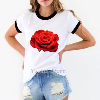 Ropa mujer 2019 móde t shirt ženy červené ruže kvet tlačiť t-shirt poleras mujer harajuku tričko tumblr topy tee tričko femme