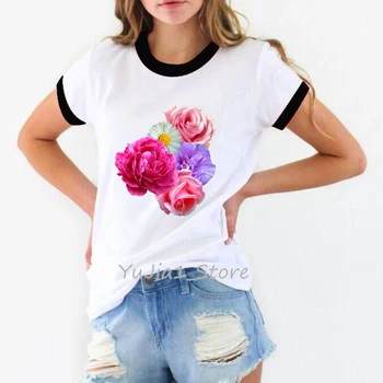 Ropa mujer 2019 móde t shirt ženy červené ruže kvet tlačiť t-shirt poleras mujer harajuku tričko tumblr topy tee tričko femme