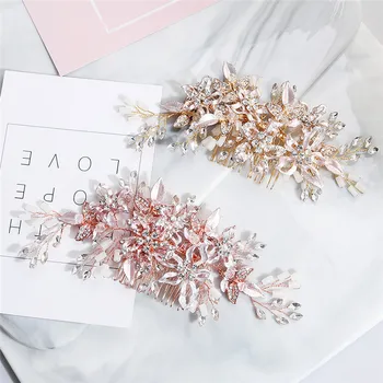 Rose Gold Kvetinové Svadobné Česať Vlasy Príslušenstvo Leaf Crystal Svadobné Vlasy Kus Ručne Ženy Šperky