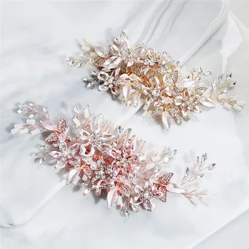 Rose Gold Kvetinové Svadobné Česať Vlasy Príslušenstvo Leaf Crystal Svadobné Vlasy Kus Ručne Ženy Šperky