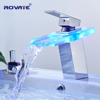 ROVATE LED Povodí Batérie, Mosadz Vodopád Teplota Farby Zmeniť Kúpeľňa Mixér Ťuknite na Palube Namontované Umývanie Umývadlo Sklenené Kohútiky