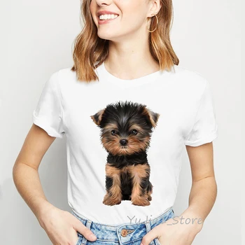 Rozkošný yorkies psa vytlačené tričko ženy kawaii zvierat tlač tee tričko femme biela vlastné tričko t-košele, topy, šaty