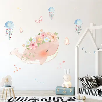 Roztomilé ružové veľryba veniec medúzy stenu, nálepky deti izby, spálne, obývacej izby, dekorácie, nástenné pre domova nálepky tapety