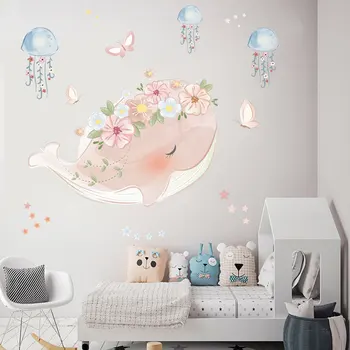 Roztomilé ružové veľryba veniec medúzy stenu, nálepky deti izby, spálne, obývacej izby, dekorácie, nástenné pre domova nálepky tapety