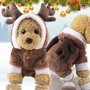 Roztomilé Vianoce Psie Oblečenie, Zimné Malý Pes Teddy Chihuahua Yorkshire Štyri Nohy Plyšové Zahustiť Teplá Bunda S Kapucňou, Jumpsuit