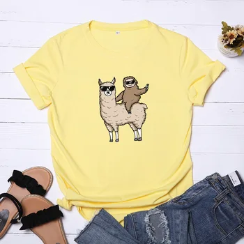 Roztomilý Alpaky Tlač Harajuku T-Shirt Lete Plus Veľkosť Basic Tričká Topy Ženy Oblečenie Bežné Bavlnené O-Krku Krátky Rukáv T Shirt