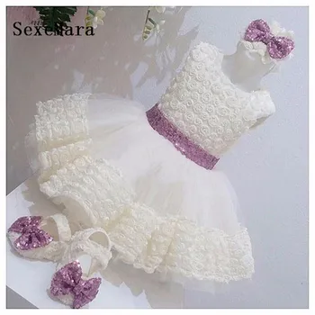 Roztomilý Biela/ivory čipky 3D kvety baby dievčatá 1 rok narodeniny šaty flower girl šaty šaty s sequined luk