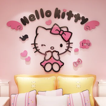 Roztomilý Hellooo Kitty 3D Stenové Nálepky pre Dievča, Obývacia Izba Dekor Cartoon KT Mačka Samolepky na Stenu Domova pre Obývacia Izba, Spálňa