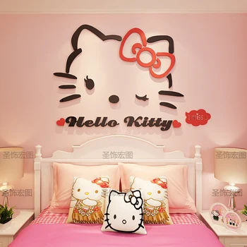 Roztomilý Hellooo Kitty 3D Stenové Nálepky pre Dievča, Obývacia Izba Dekor Cartoon KT Mačka Samolepky na Stenu Domova pre Obývacia Izba, Spálňa
