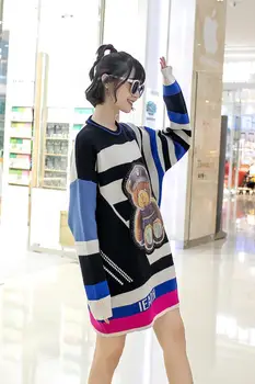 Roztomilý kreslený sequined prúžkované pulóvre hit farby dúhy farebný sveter ženy streetwear svetre