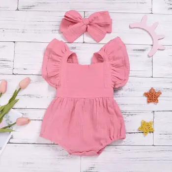 Roztomilý Kvetinový Romper 2ks Baby Dievčatá Oblečenie Jumpsuit Romper+Čelenka 0-24M Veku Ifant Batoľa Novorodenca Oblečenie Set