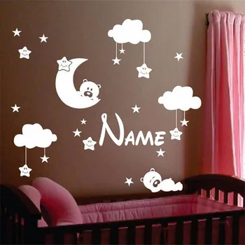 Roztomilý Veľké veľkosti baby detská izba, mesiac a hviezdy samolepiek na stenu, roztomilý s úsmevom hviezdy s bielymi oblakmi detská izba decor
