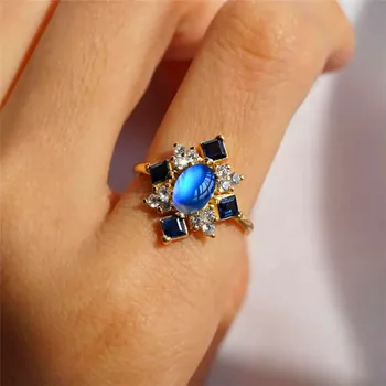 Roztomilý Žena Oválne Moonstone Tenký Krúžok Kúzlo Zlatá Farba Zásnubný Prsteň Luxusný Modrý Štvorec Crystal Snubné Prstene Pre Ženy