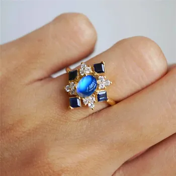 Roztomilý Žena Oválne Moonstone Tenký Krúžok Kúzlo Zlatá Farba Zásnubný Prsteň Luxusný Modrý Štvorec Crystal Snubné Prstene Pre Ženy
