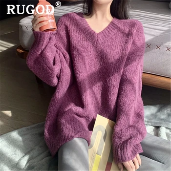 RUGOD Zimné pletené mäkké ženy sveter 2019 kórejský elegantný krk dlhý rukáv teplé nadrozmerné pulóvre ženské Módne fialové nosenie