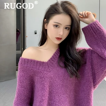RUGOD Zimné pletené mäkké ženy sveter 2019 kórejský elegantný krk dlhý rukáv teplé nadrozmerné pulóvre ženské Módne fialové nosenie