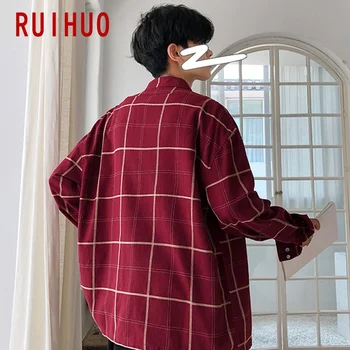 RUIHUO Kockované Košele Pre Mužov Oblečenie 2021 Módne Čierne Streetwear Mužov Tričko Dlhý Rukáv Kockované Košele Mužov kórejské Oblečenie M-2XL