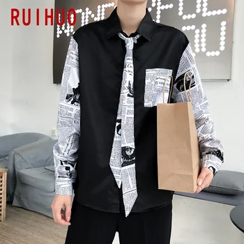 RUIHUO Patchwork Čierne Košele Pre Mužov, kórejský Módne Oblečenie Mužov Tričko Dlhý Rukáv Pánske Košele Bežné Slim Fit 2021 M-3XL