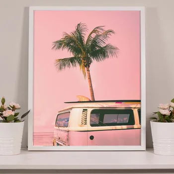 Ružová Camper Van Autobus Plátno Umenie Výtlačkov Retro Auto Plagát Pláže, Palmy Plátno Na Maľovanie Pobrežných Stenu Obrázok Boho Umenie Domova