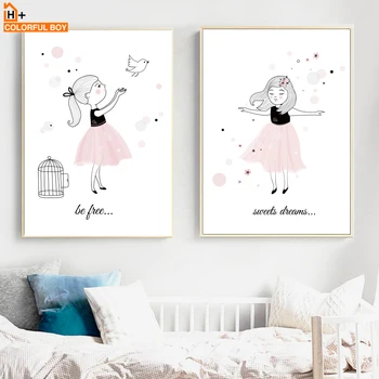 Ružová Karikatúra Holka Swing Sen Citácie Wall Art Plátno Na Maľovanie Nordic Plagáty A Vytlačí Na Stenu Obrázky Dievča Baby Detská Izba Decor