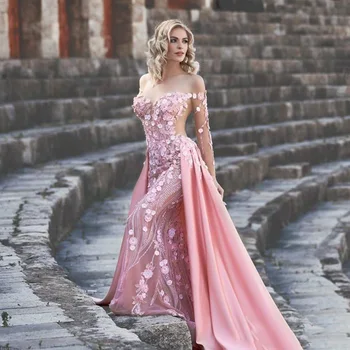 Ružová Morská víla Večerné Šaty Overskirt Ramena 3D Nášivka Korálkové Dlho Prom Šaty Formálne Šaty S Rukávmi vestidos