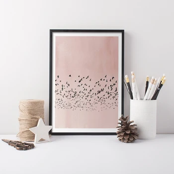 Ružová Ocean Sky Krajiny Plátne, Plagát, Nordic Štýly Wall Art Print Vtákov, Maľovanie, Dekorácie Obrázok Škandinávskych Domova