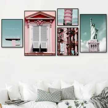 Ružová Okno New York Socha Slobody Šikmá Veža Plagáty A Tlačí Na Steny Umelecké Plátno Na Maľovanie Obrazov Na Stenu Pre Obývacia Izba