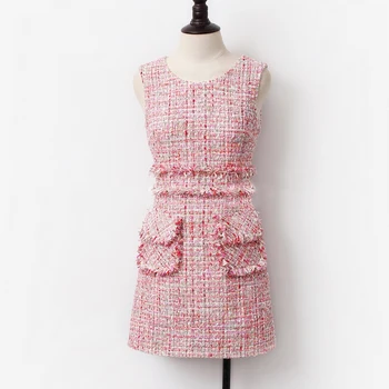 Ružová tweed šaty bez rukávov 2020 jar / jeseň dámske šaty strapec dámy štíhle klesnutie šaty z jedného kusu