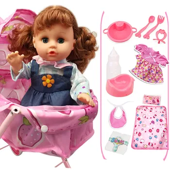 Ružová Vozíka hračka s vami dievča znovuzrodené dieťa vinylové bábiky, hračky pre deti darček 32 cm baby Kočík Skladací Kočík hračky