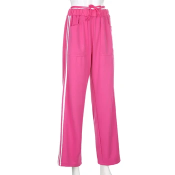 Ružová Y2k Estetika Nohavice Polovice Pás Dlhé Potu Y2k Nohavice Streetwear Prekladané Obväz Vrecká, Nohavice Hippie Športové Oblečenie 90. rokov