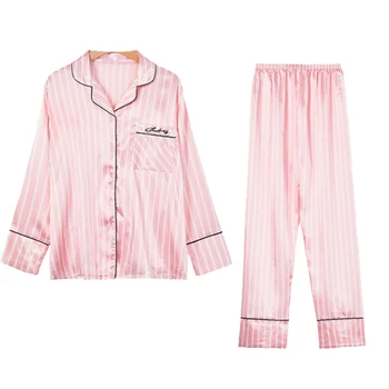 Ružové dámske 7 Ks Pyžamo Sady, Emulácia Hodváb Pruhované Pyžamo Ženy, oblečenie pre voľný čas Nastaviť Dievčenskú štýl Móda Jar Jeseň sleepwear