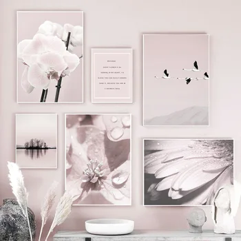 Ružové Kvety Sky Bird Lake Strom Citácie Nordic Plagáty A Tlačí Na Steny Umelecké Plátno Na Maľovanie Obrazov Na Stenu Pre Obývacia Izba Dekor