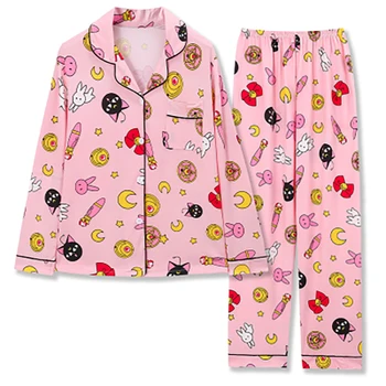 Sailor Moon Kawaii Pyžamá pre Ženy Bavlna Zase dole Golier Pyžamá Krátke Rukávy Vyhovovali Sleepwear Žena Lete Cartoon oblečenie pre voľný čas