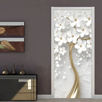 Samolepiace Dvere Nálepka, 3D Stereo Biele Kvety nástennú maľbu, Tapety Obývacia Izba, Spálňa Domova Dvere Plagát Nepremokavé Nálepky