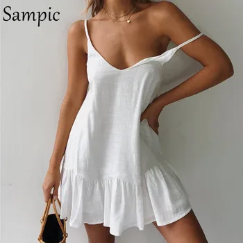 Sampic Backless Sundress Ženy Mini Šaty Prehrabať Špagety Popruh Bežné Biele Prádlo Šaty Bez Rukávov Pláži Letné Šaty 2019