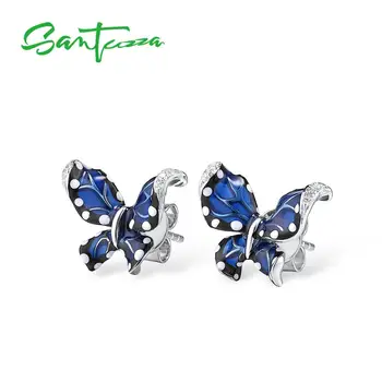 SANTUZZA Strieborné Náušnice Pre Ženy Čistý 925 Sterling Silver Blue Butterfly Trendy Dievča, Darček Strany Jemné Šperky vyrábané Ručne Smalt