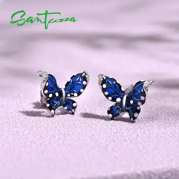 SANTUZZA Strieborné Náušnice Pre Ženy Čistý 925 Sterling Silver Blue Butterfly Trendy Dievča, Darček Strany Jemné Šperky vyrábané Ručne Smalt