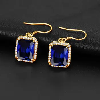 Sapphire Drop Náušnice Pre Ženy Klasické Zlaté Náušnice 18k Námestie Drahokam S Diamond Strieborné Šperky, Svadobné Birthstone Darček