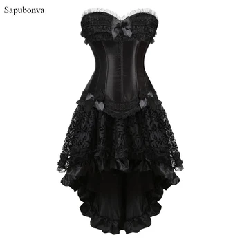 Sapubonva paródia korzetu a sukne nastaviť čipky korzet, šaty Gotické šaty korzety a bustiers strán plus veľkosť vintage sexy čierne