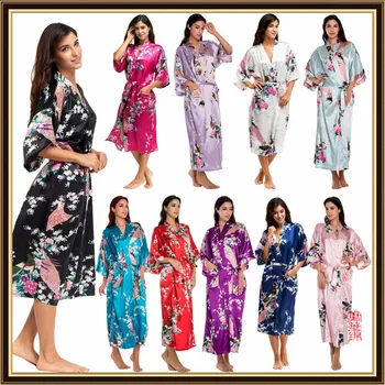 Saténové, Hodvábne tvaru Žena Nightgown Japonský Štýl Yukata Dlhé Šaty Hladké Lete Páva Tlač Pyžamo Nightgown Kimono