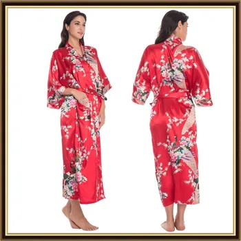 Saténové, Hodvábne tvaru Žena Nightgown Japonský Štýl Yukata Dlhé Šaty Hladké Lete Páva Tlač Pyžamo Nightgown Kimono
