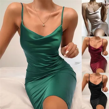 Saténové Šaty Čipky 2020 Lete Ženy Bodycon Mini Šaty Bez Rukávov Backless Slim Elegantné Party Oblečenie Sexy Club Oblečenie
