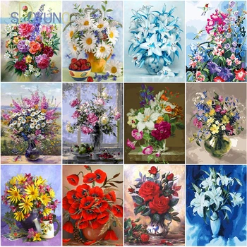 SDOYUNO 60X75cm DIY Obrázok Podľa Počtu Farebné Kvety Olej Maľovanie Podľa Čísel Na Cavans Digitálne Maľovanie Frameless Domova