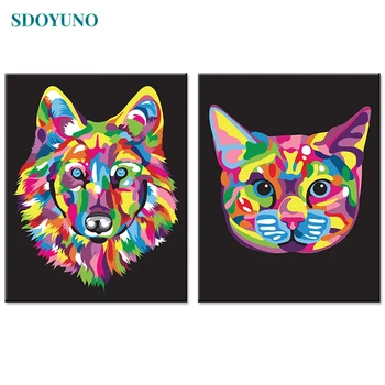 SDOYUNO Kreslenie podľa počtu 60x75cm DIY Maľovanie Podľa Čísel Frameless Farebné vlk a Cat Home Decor Digitálna Maľba Na Plátno