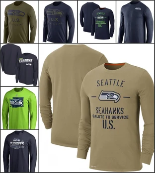 Seattle Mužov okolo Krku Tričko Seahawks Pozdrav Služby doplnkovú činnosť Legenda Výkon Dlhý Rukáv T-Shirt Olivový