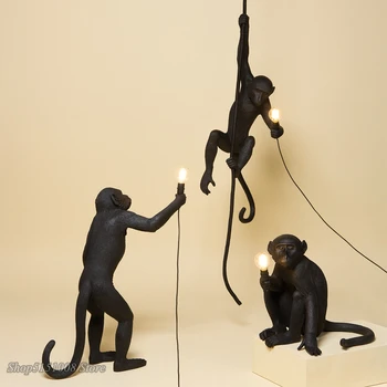 SELETTI Moderné Čierne Opice Lampa Konopné Lano Prívesok Svetlá Americkej Krajiny Živice Loft Priemyselné Závesné Svietidlo Domova