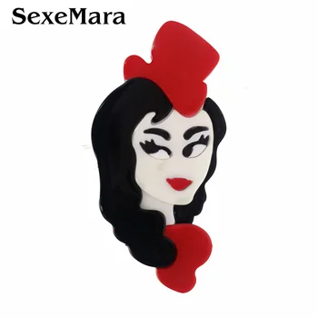 SexeMara Akryl Dlhé Čierne Vlasy Dievča Brošňa Kolíky Pre Dievčatá, Ženy, Živice Elegantné Red Hat Princezná Brošňa Odznak Strany Svadobný Dar