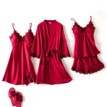 SEXY 4PCS Sleepwear Letné Ružové Ženy, Svadobné Šaty, Nastaviť Satin tvaru Nighty&Župan Nastaviť Nightdress Bežné Satin oblečenie pre voľný čas Nightgown