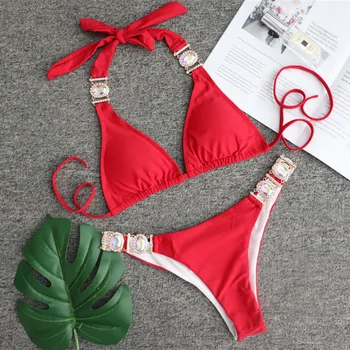 Sexy crystal bikini 2019 Brazílsky mikro plavky žena kúpajúcich sa Červená push up plavky ženy Trojuholník plavky Plážové oblečenie nové